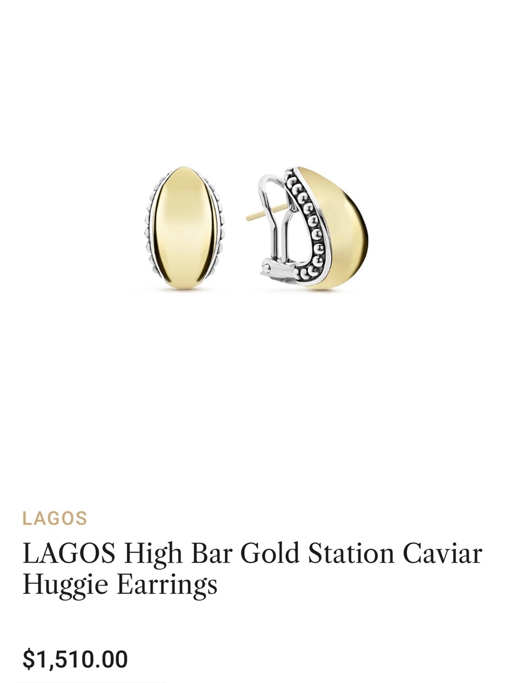 NWT LAGOS High Bar 18K Solid Gold Station Caviar Huggie Earrings